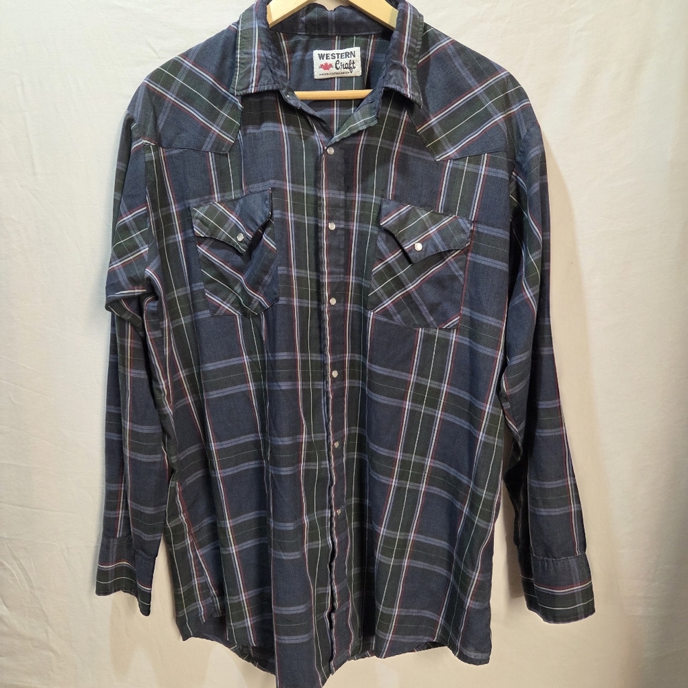 2XL Western Craft Vtg Mens Blue Green Plaid Button Down Pearl Snap Buttons